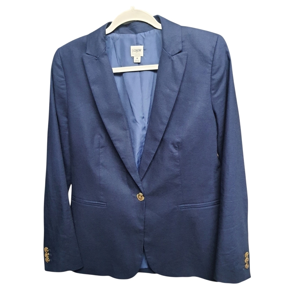 J. CREW Womens Linen Cotton Blazer Bright Navy Blue Peak Lapel Business Casual - Picture 14 of 14